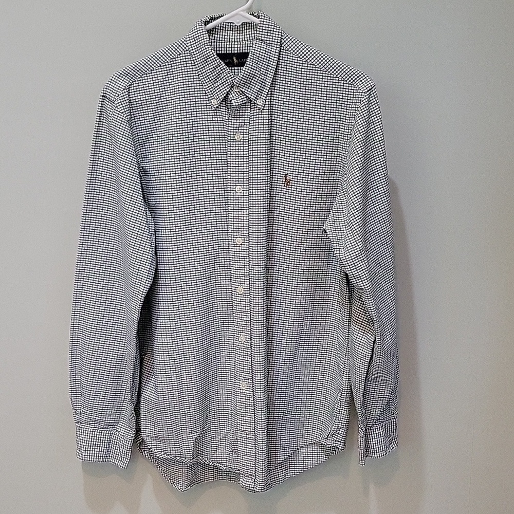 RALPH LAUREN casual button-down shirt. Size Medium. Green purple checked plaid